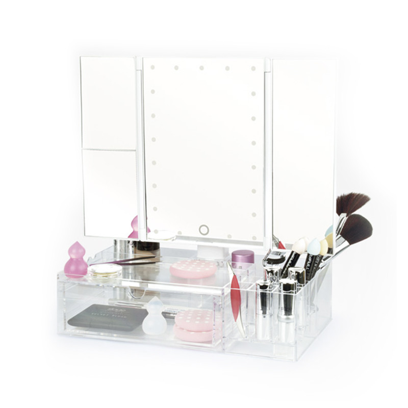 Perfect Beauty Touch Light Mirror, Battery Operated, 1x, 2x, and 3x Magnification with Absolute Zoom Organizer