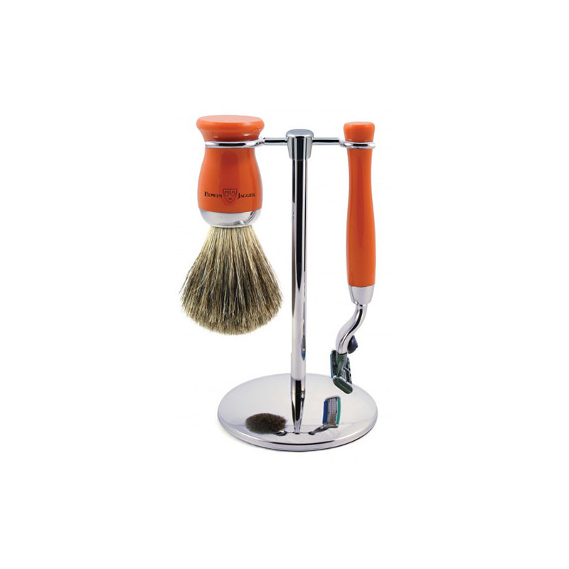 Edwin Jagger Gillette Mach3 3-teiliges Set Rasierpinsel und Halter aus reinem Dachs in Orange Edwin Jagger Gillette Mach3 3-teiliges Set Rasierpinsel und Halter aus reinem Dachs in Orange